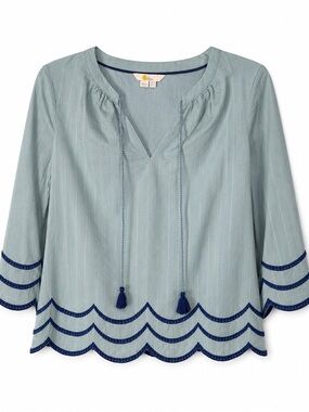 Boden Blue Double Cloth Scallop Hem Tassel Blouse Boho Top Size Small